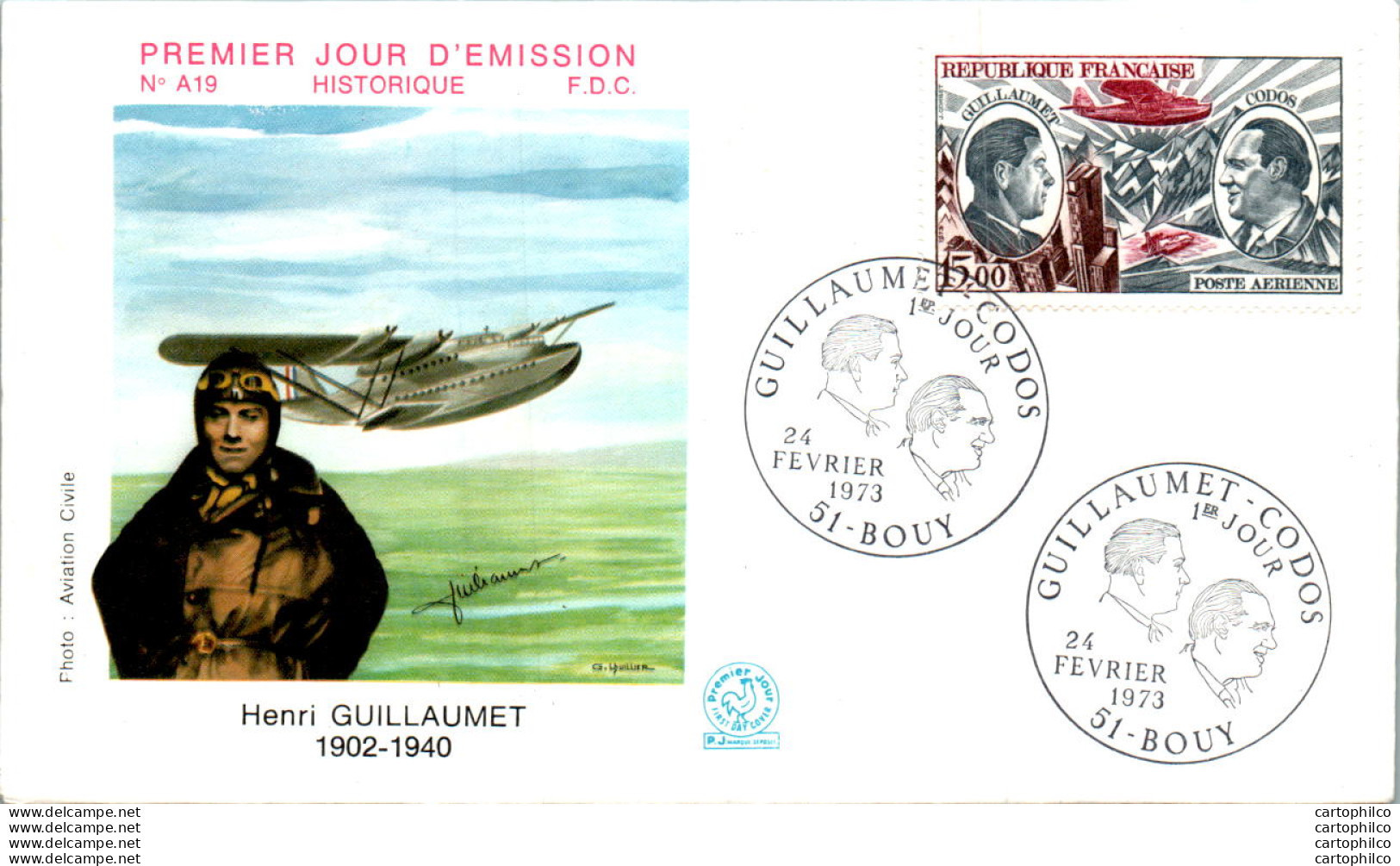 FDC France  Henri Guillaumet Bouy 19073 Aviation Hydravion - 1970-1979