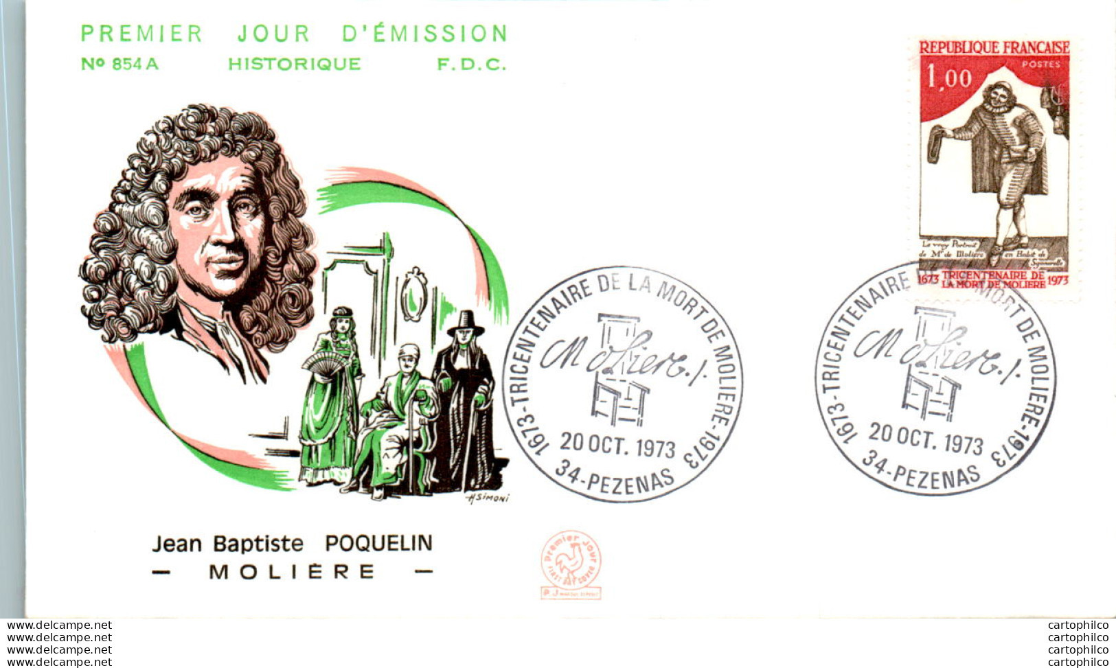 FDC France Jean Baptiste Poquelin Moliere Pezenas 19073 Theatre - 1970-1979