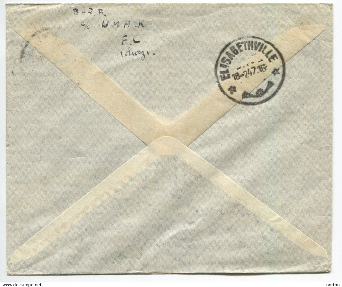 Congo Elisabethville Oblit. Keach 8A2 Sur Revers De Lettre Venant De Kolwezi Le 18/02/1947 C.O.B. 264 - Storia Postale
