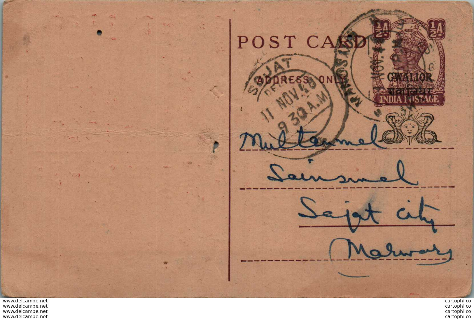 India Gwalior Postal Stationery George VI 1/2A Sojat Cds Premsukh Shyamsukh Mandsaur - Gwalior