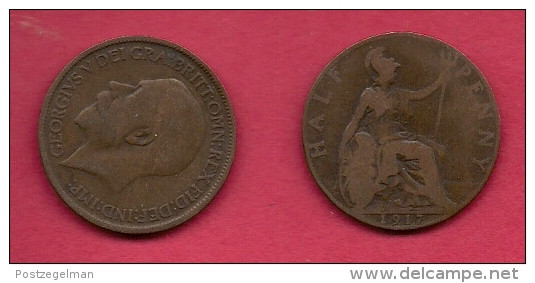 UK, 1917, Very Fine Used Coin, 1/2 Penny, George V, Bronze,  , KM 809,  C2218 - C. 1/2 Penny