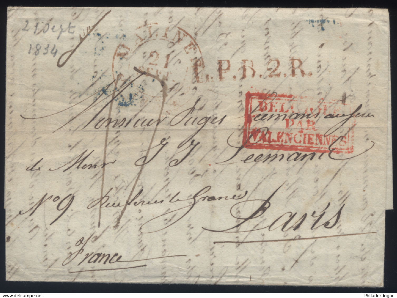 Belgique - LaC Cachet Malines Pour Paris L.P.B.2.R. Belgique Par Valenciennes - 21/09/1834 - 1830-1849 (Onafhankelijk België)