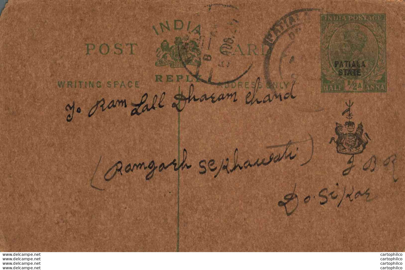 India Postal Patiala Stationery George V 1/2 A To Sikar - Patiala