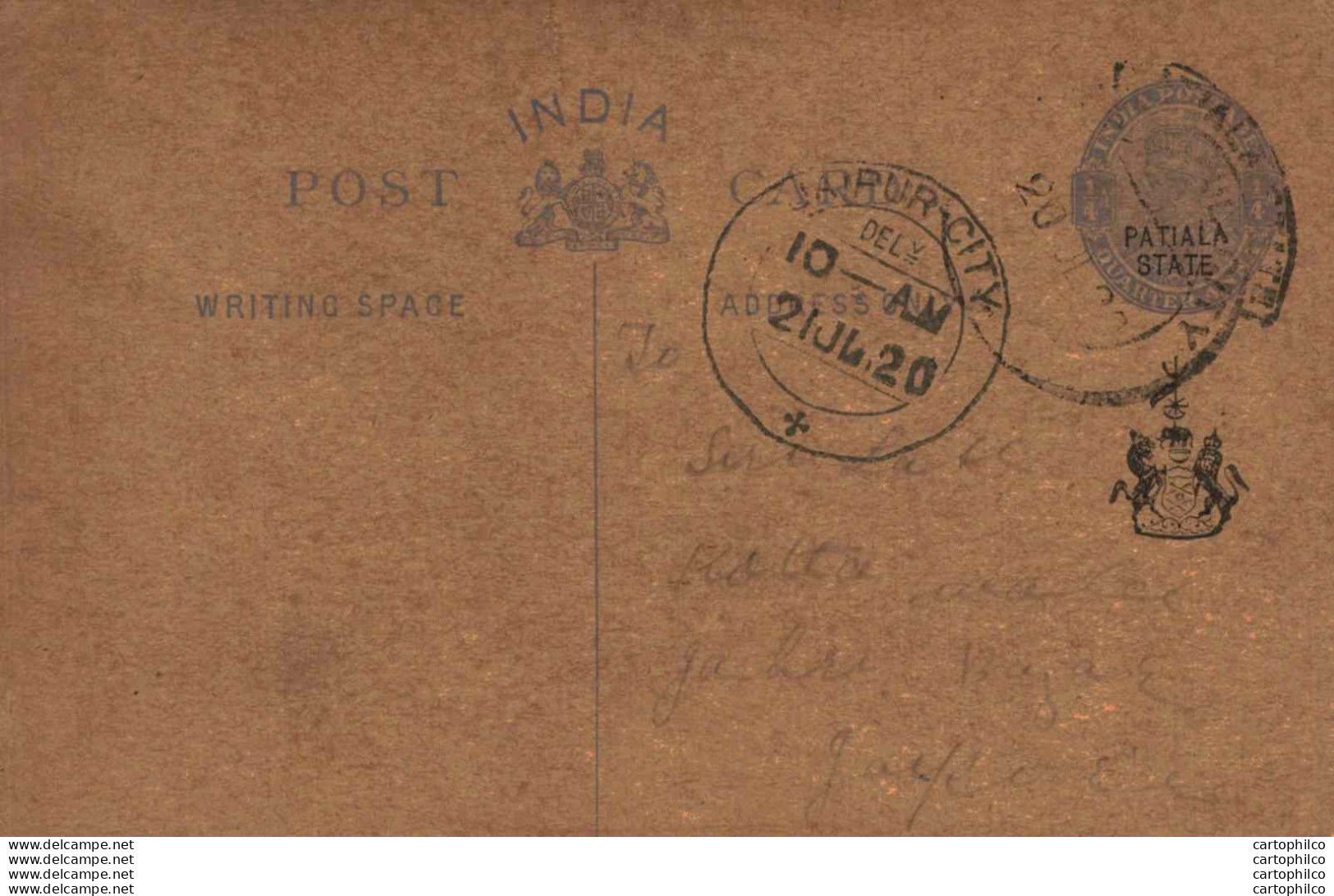 India Postal Stationery Patiala State 1/4A Jaipur City Cds - Patiala