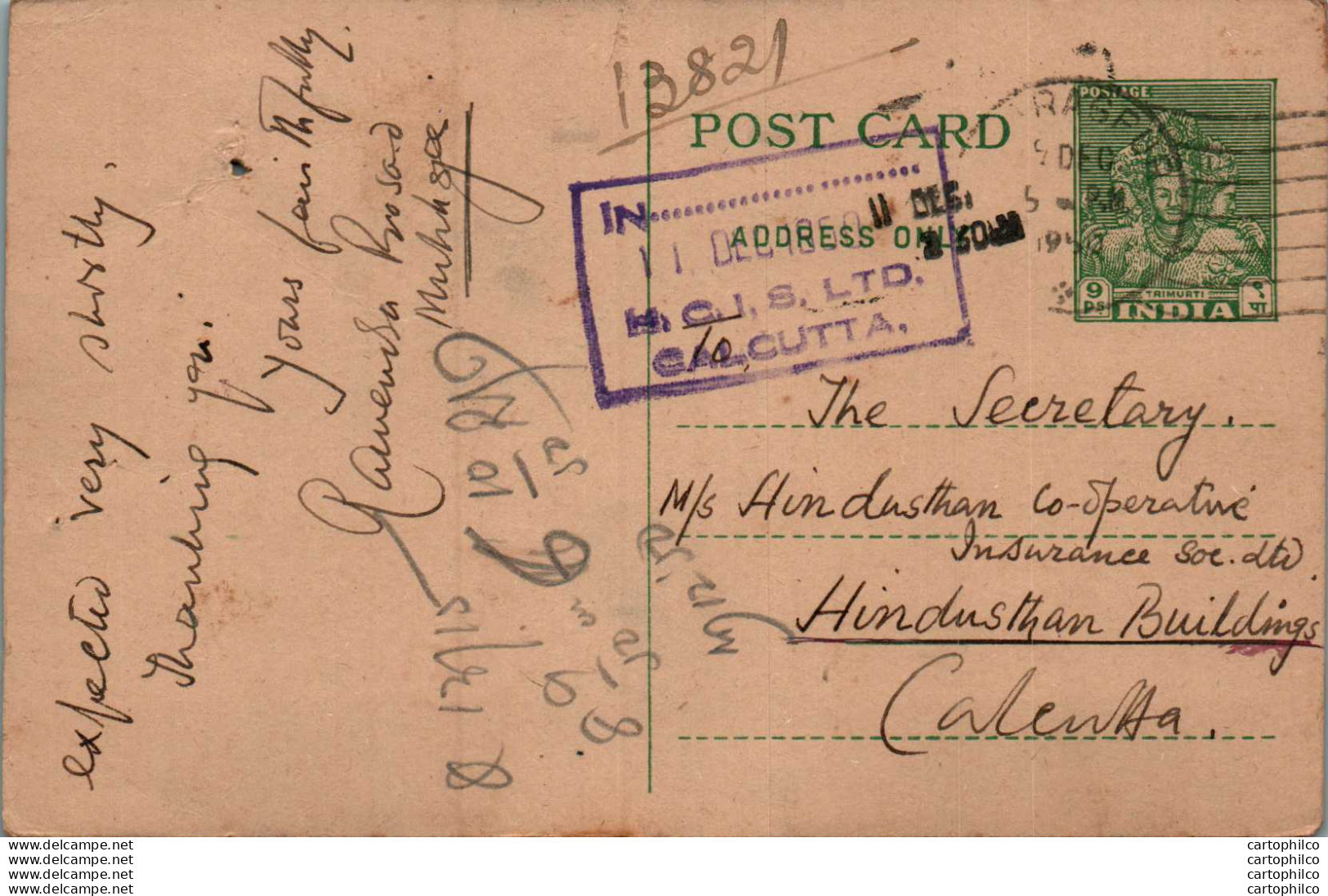 India Postal Stationery 9p To Calcutta - Postkaarten