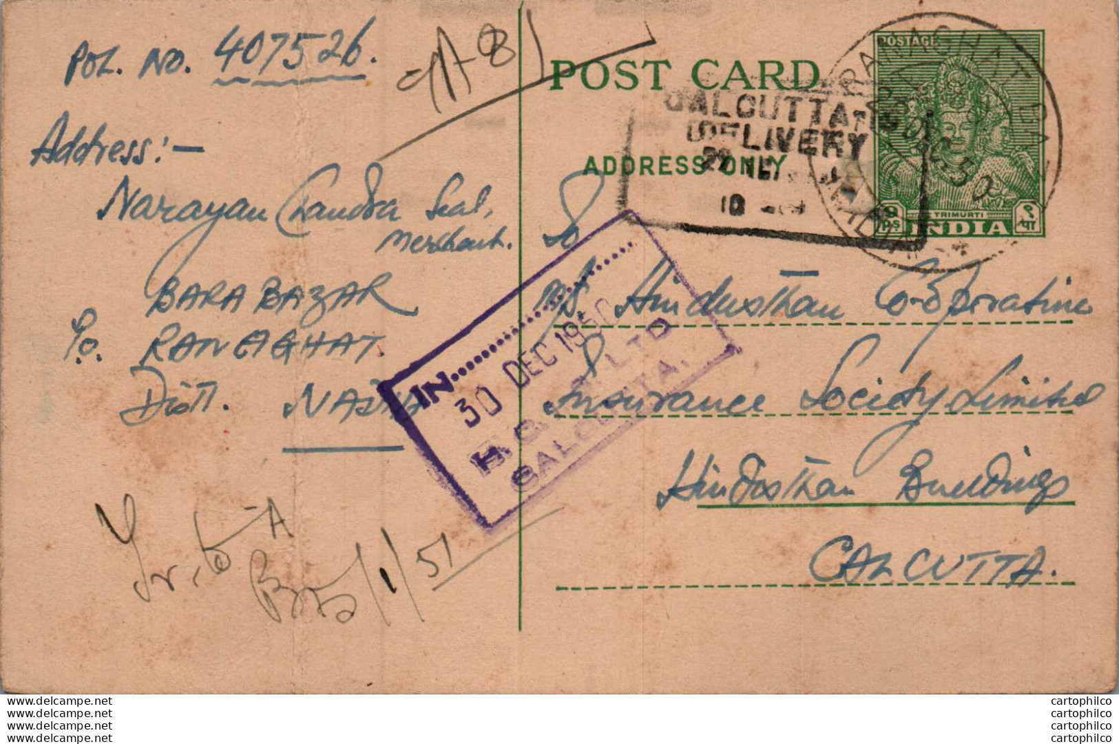 India Postal Stationery 9p To Calcutta - Postcards