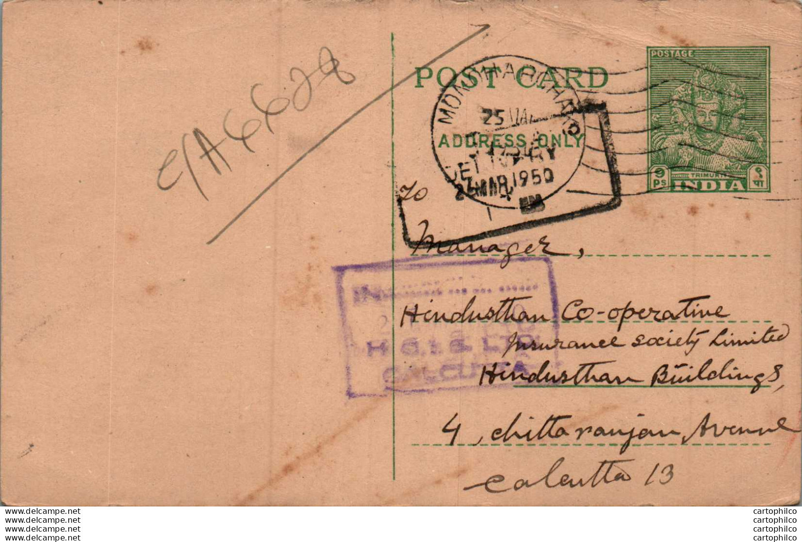 India Postal Stationery 9p To Calcutta - Cartes Postales