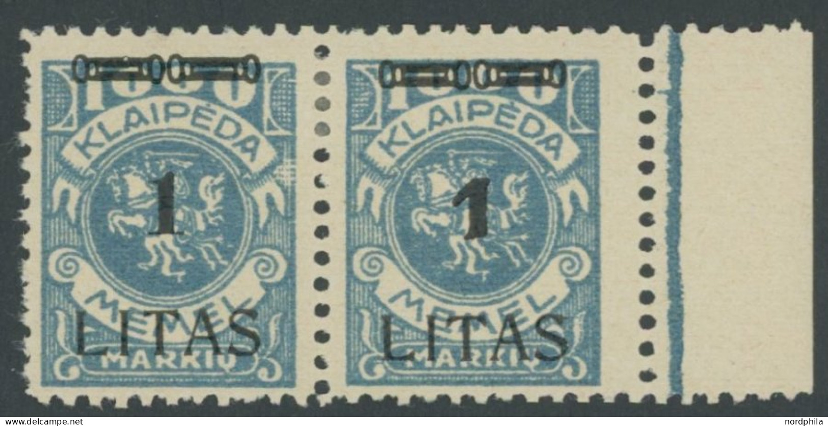 MEMELGEBIET 182W13 *, 1923, 1 L. Auf 1000 M. Grünlichblau, Type VI Und IV Im Waagerechten Typenpaar Mit Rechtem Rand, Fa - Memelgebiet 1923