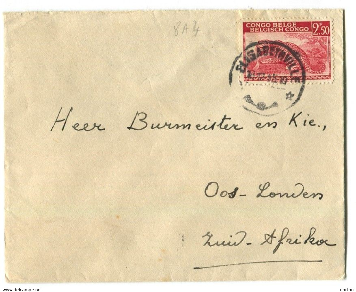 Congo Elisabethville Oblit. Keach 8A4 Sur C.O.B. 261 Sur Lettre Vers Ooslanden (Afrique Du Sud) Le 18/12/1945 - Lettres & Documents