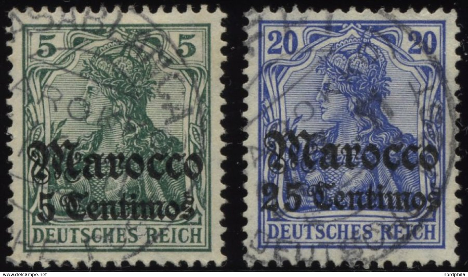 DP IN MAROKKO 35,37a O, 1906/7, 5 C. Auf 5 Pf. Und 25 C. Auf 20 Pf. Lilaultramarin, Mit Wz., Mit Stempeln KK, üblich Gez - Deutsche Post In Marokko