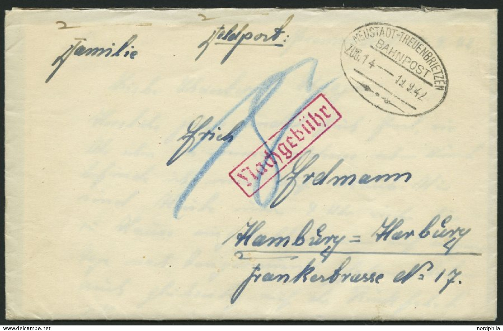 BAHNPOST Neustadt-Treuenbrietzen (Zug 14) Auf Brief Nach Hamburg-Harburg Von 1942 Mit Nachporto, Pracht - Frankeermachines (EMA)