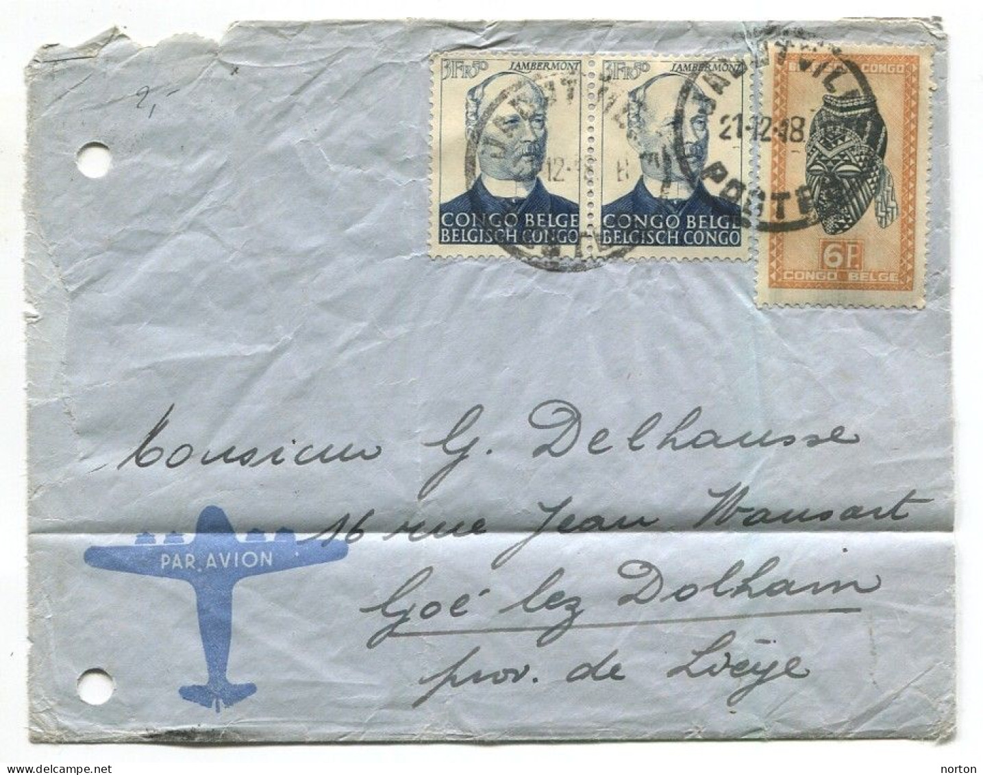 Congo Elisabethville Oblit. Keach 10(G) Sur Revers De Lettre Venant De Jadotville Le 21/12/1948 C.O.B. 275(x2)+291 - Briefe U. Dokumente