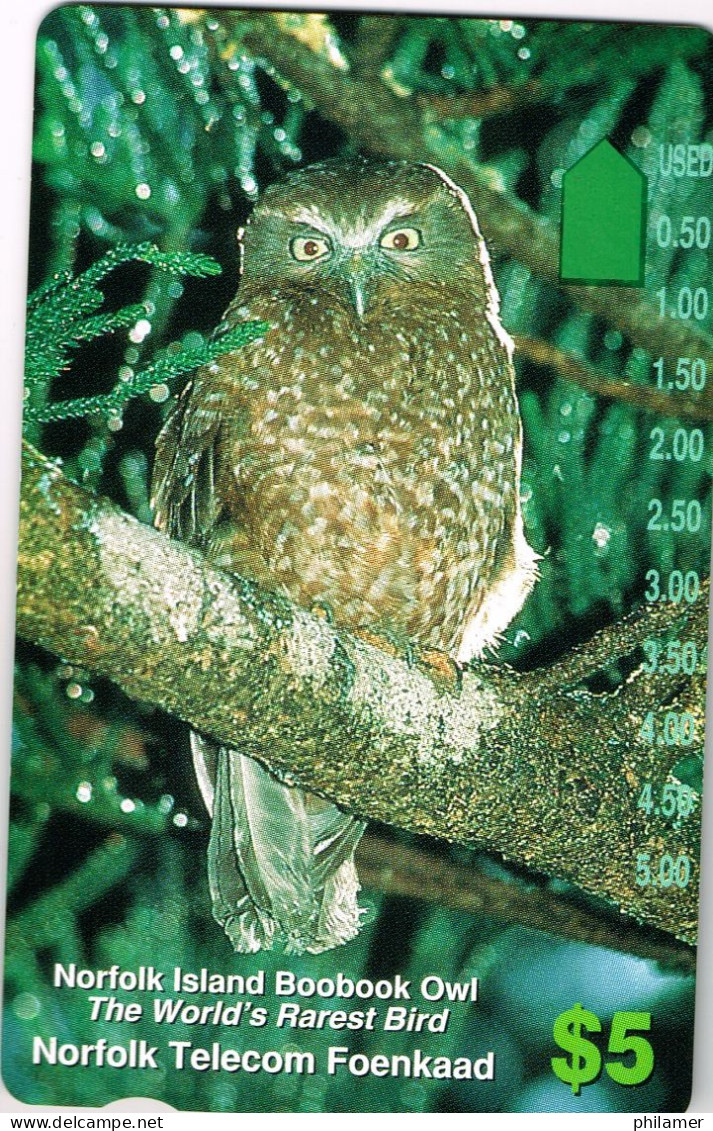 Australie Australia NORFOLK TELECOM Telecarte Phonecard Carte A Trous OWL RAREST BIRD OISEAU HIBOU 5 $ UT  BE - Australia