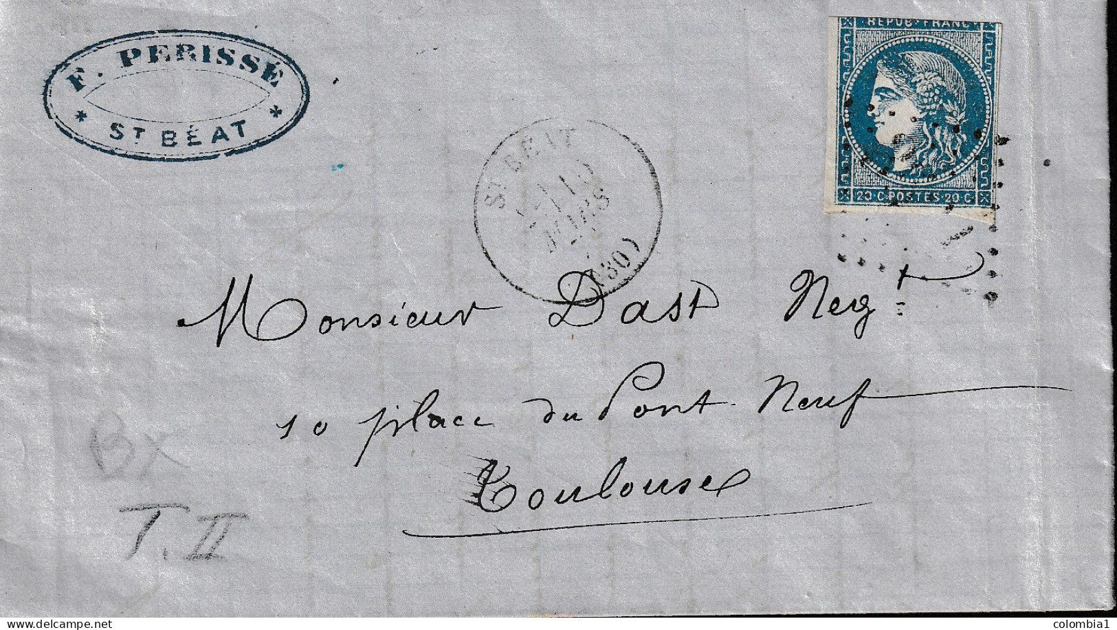 Lettre De ST BEAT Du 10 Mars 1871 Via TOULOUSE ( Céres Non Dentelé) - 1871-1875 Ceres