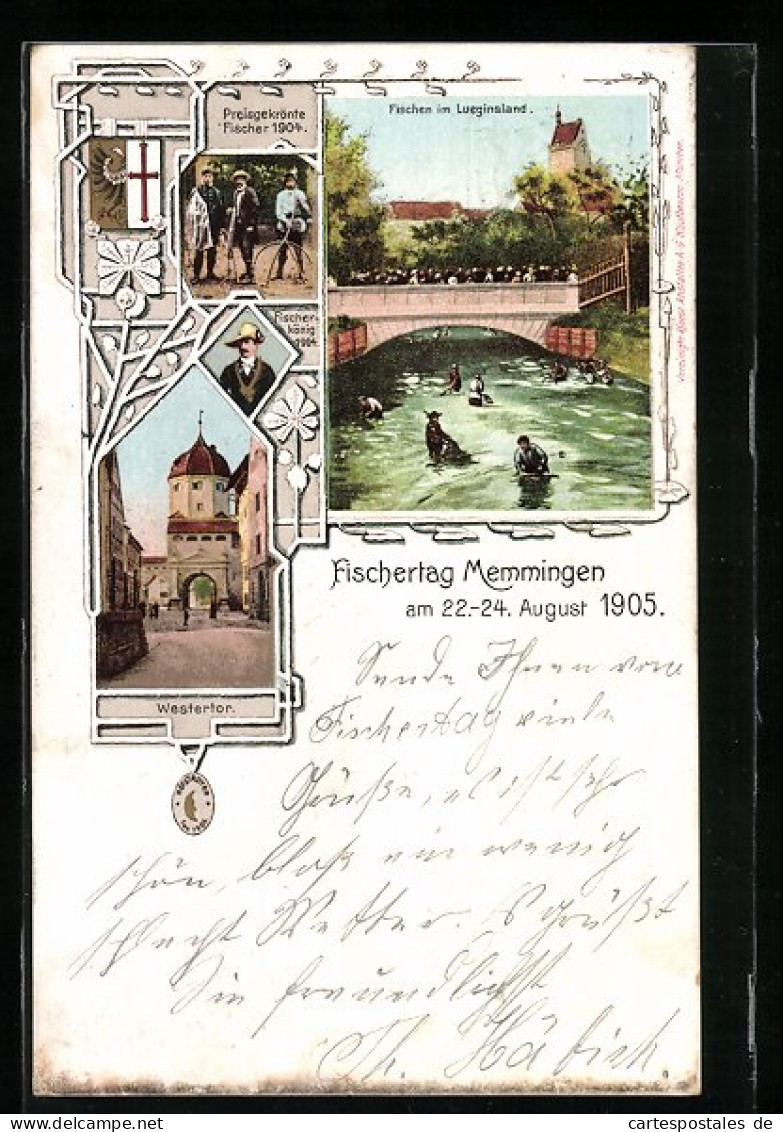 AK Ganzsache Bayern PP15C84 /02: Memmingen, Volksfest Fischertag 1905, Westertor, Fischerkönig 1904  - Cartoline