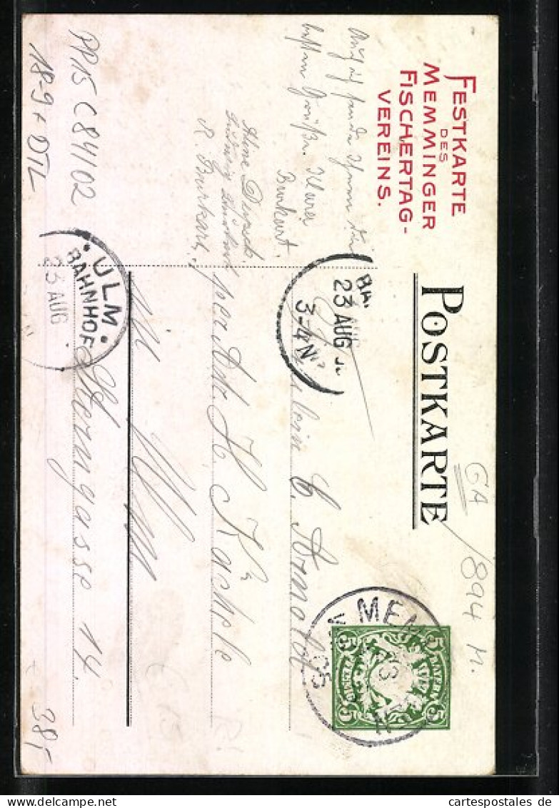 AK Ganzsache Bayern PP15C84 /02: Memmingen, Volksfest Fischertag 1905, Westertor, Fischerkönig 1904  - Briefkaarten
