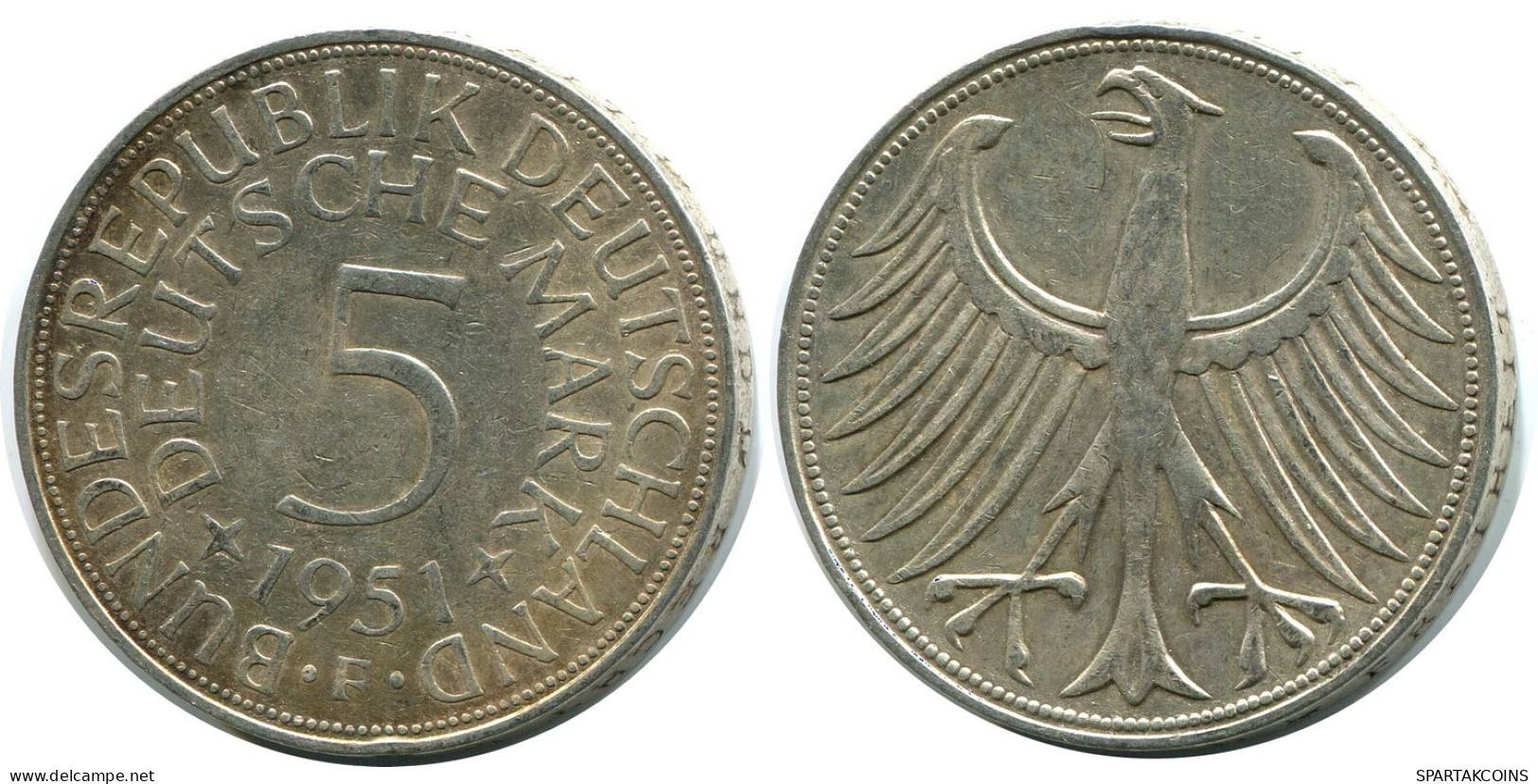 5 DM 1951 F WEST & UNIFIED GERMANY Coin #DB336.U.A - 5 Marcos