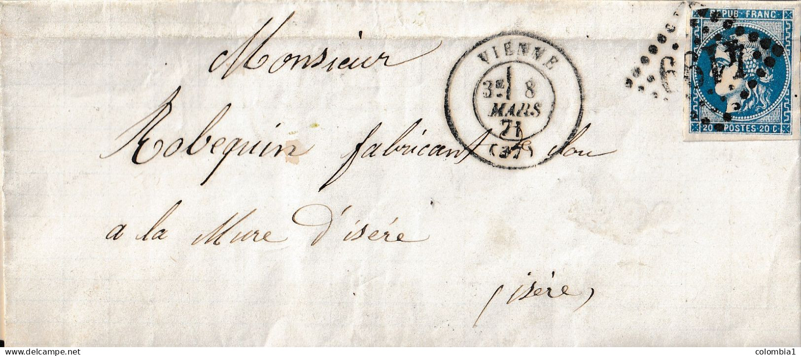 Lettre De  VIENNE Du 18 Mars 1871 Via LA MURE ( Céres Non Dentelé) - 1871-1875 Ceres