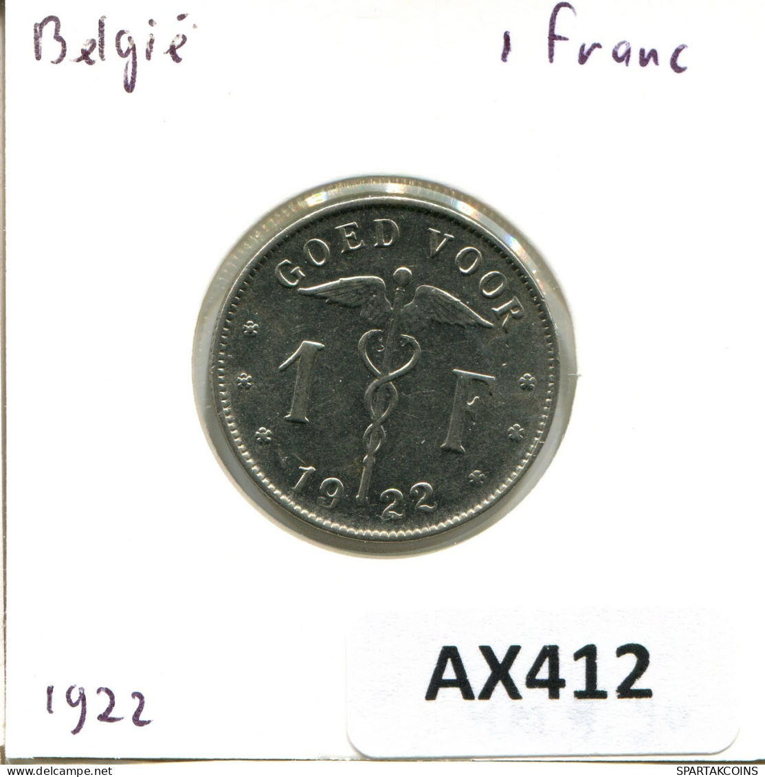 1 FRANC 1922 BELGIQUE BELGIUM Pièce DUTCH Text #AX412.F.A - 1 Franco
