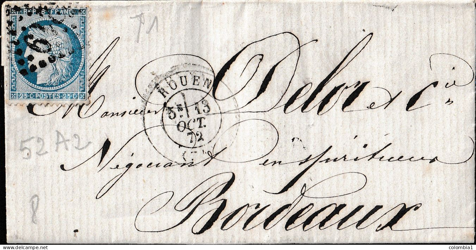 Lettre De  ROUEN Du 13 Octobre 1872 Via BORDEAUX - 1871-1875 Cérès