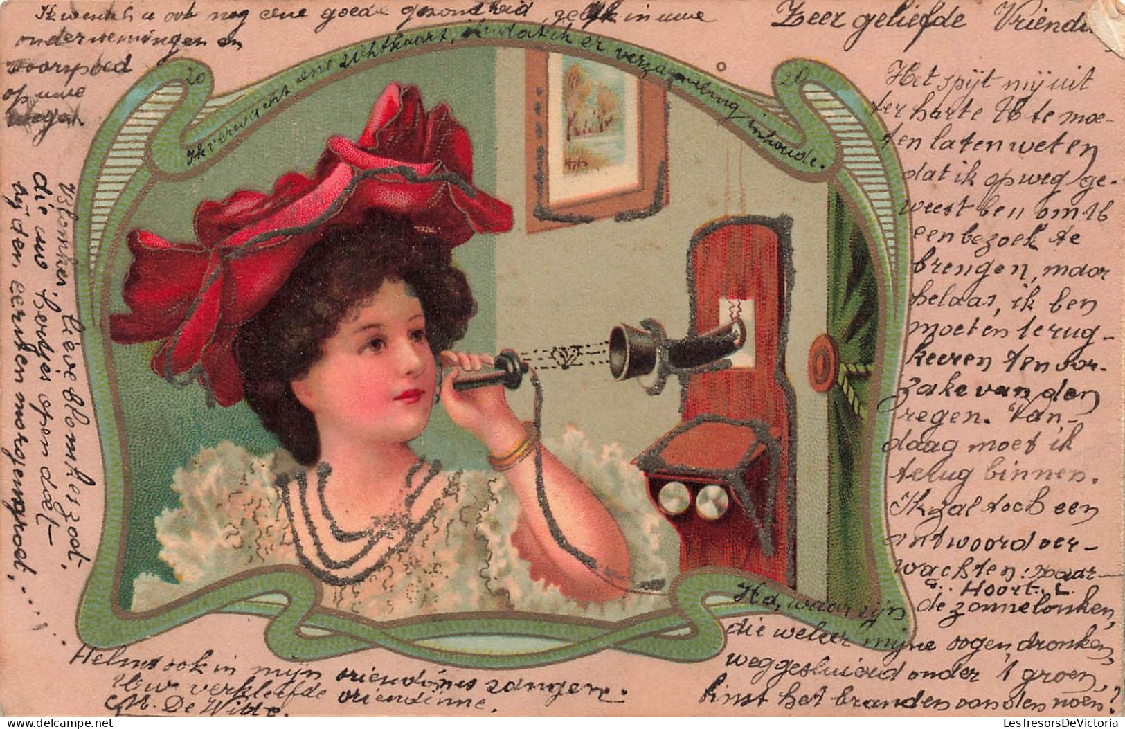 ILLUSTRATEURS - NON SIGNES - Femme En Costume - Téléphone - Dans Une Maison - Carte Postale Ancienne - Non Classés