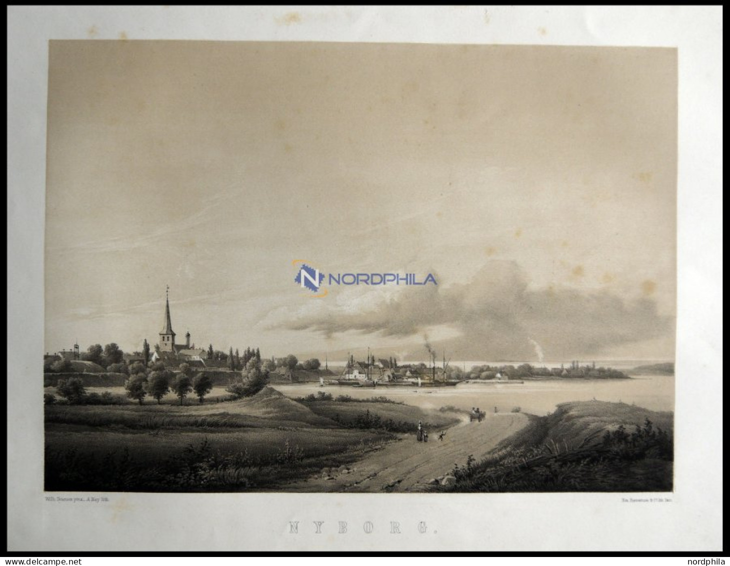 NYBORG (Nyborg), Gesamtansicht, Lithographie Mit Tonplatte Von Alexander Nay Nach Wilhelm Petersen Bei Emil Baerentzen,  - Litografía