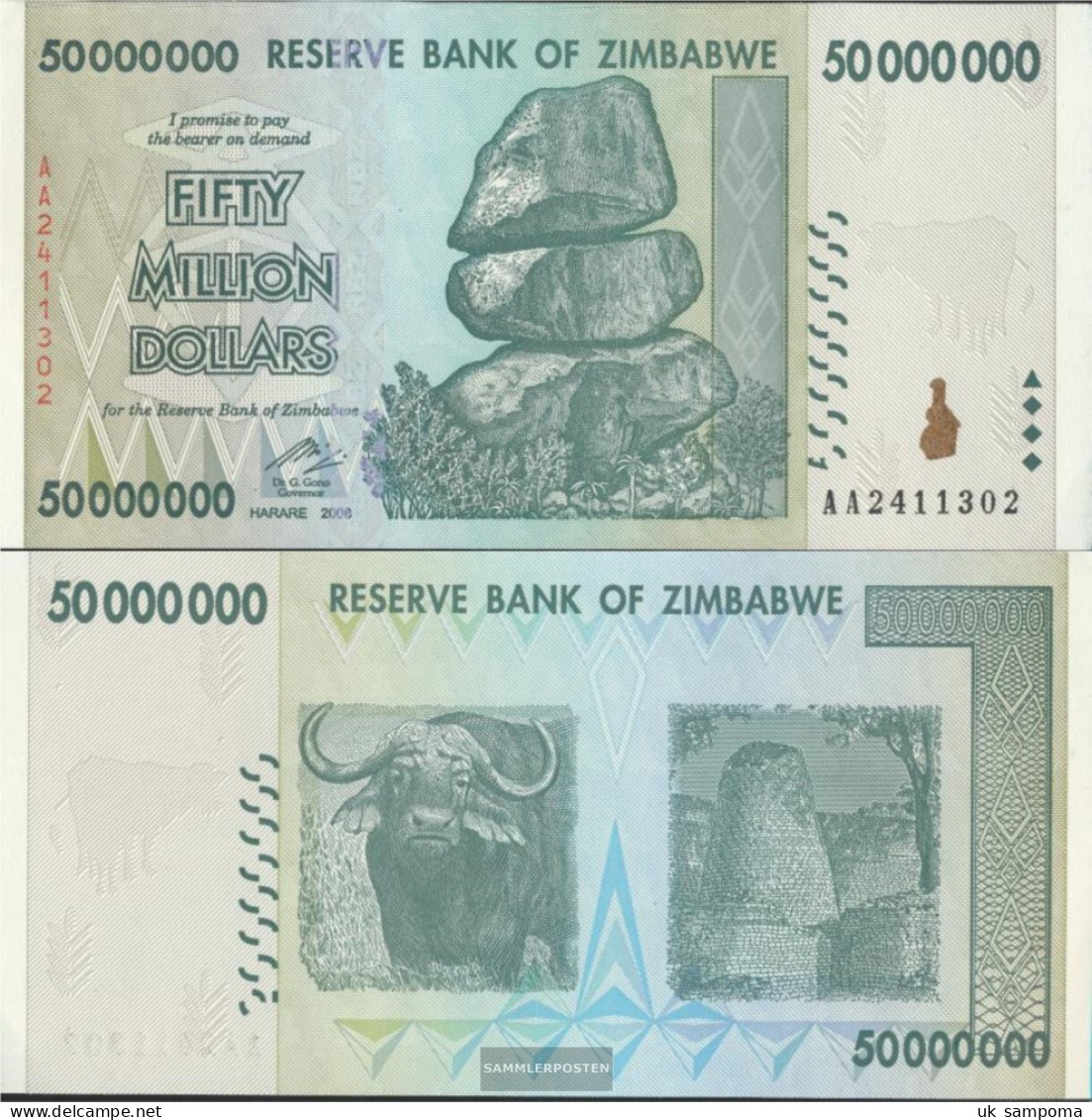 Zimbabwe Pick-number: 79 Uncirculated 2008 50 Million. Dollars - Zimbabwe