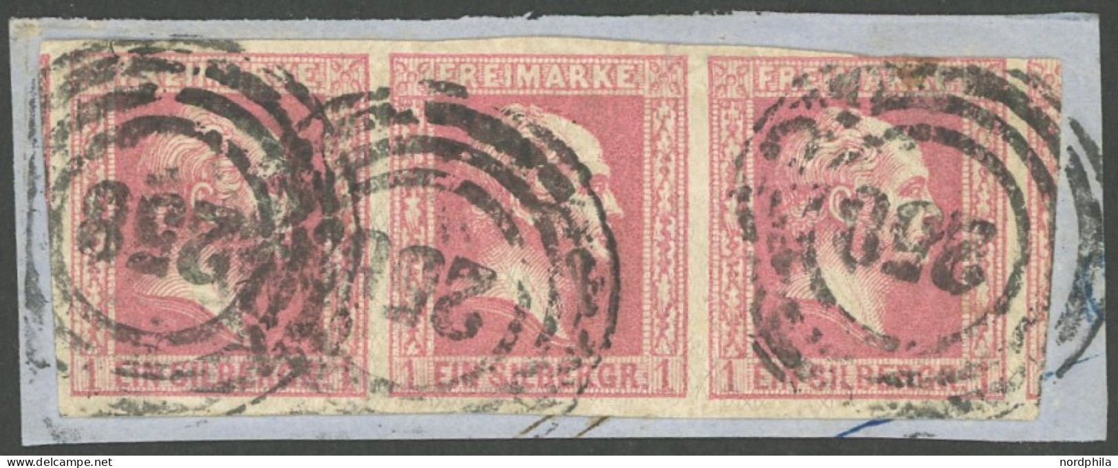 PREUSSEN 6a BrfStk, 1857, 1 Sgr. Rosa Im Waagerechten Dreierstreifen Auf Briefstück, Linke Marke Oben Berührt Sonst Brei - Usados