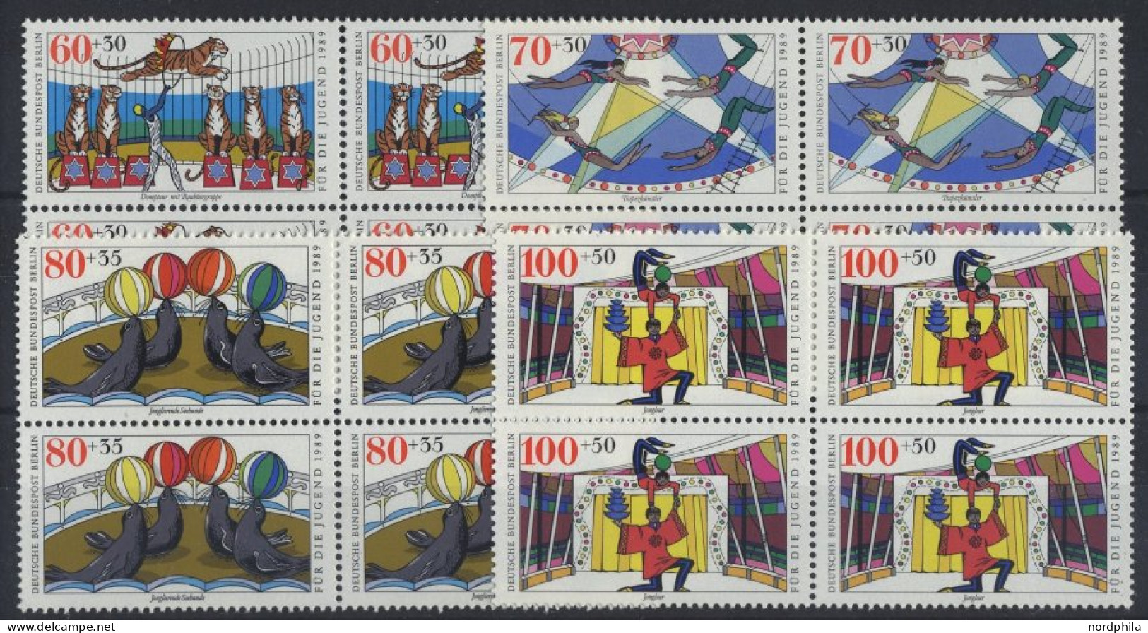 BERLIN 838-41 VB **, 1989, Zirkus In Viererblocks, Prachtsatz, Mi. 48.- - Unused Stamps