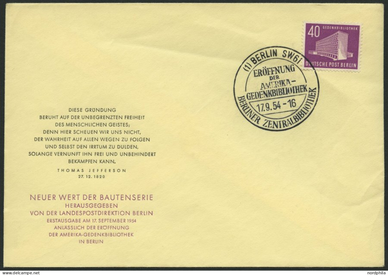 BERLIN 122 BRIEF, 1954, 40 Pf. Bauten Auf Amtlichem FDC, Feinst (etwas Wellig), Mi. 55.- - Other & Unclassified