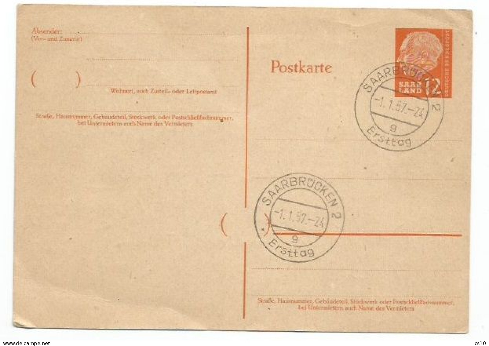 SaarLand PSC Card  President Heuss 12F With PMK Erstag 1jan1957 "Back To Germany" Day - Covers & Documents