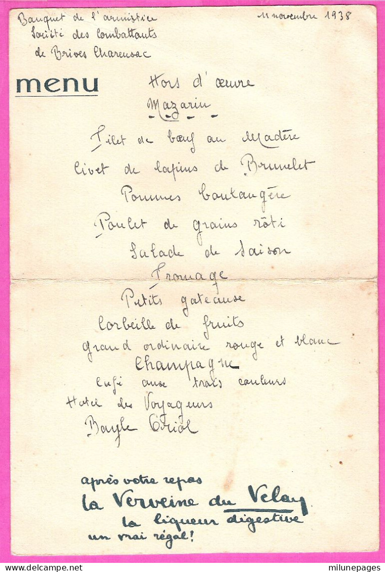 Menu Du Banquet De L'Armistice De La Société Des Combattants De Brives Charensac 11 Nov. 1938 Pub Verveine Velay - Menú