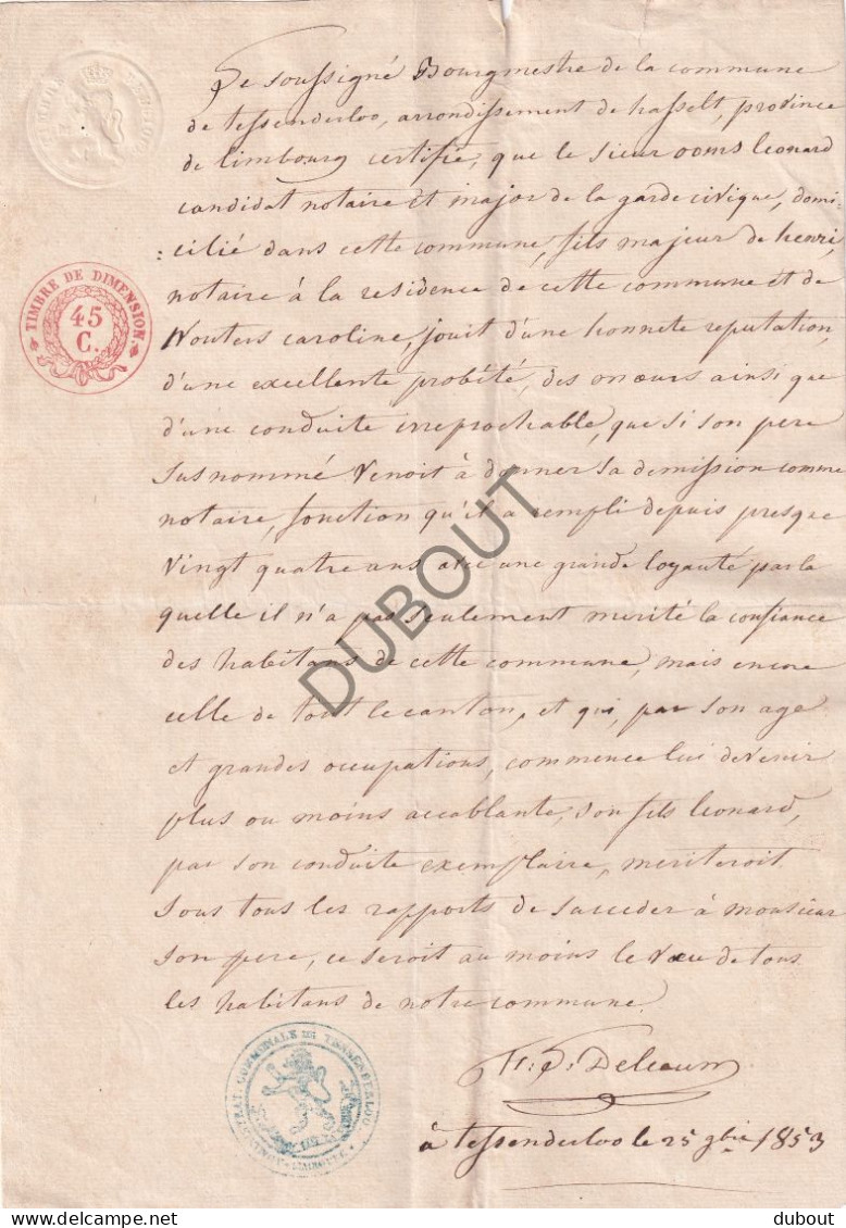 Tessenderlo - Attest  Notaris Leonard Ooms 1853 (V3054) - Manuscritos