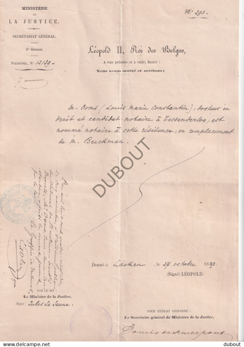 Tessenderlo - Benoeming Notaris Louis Ooms Door De Koning 1890 Gelijkvormig Afschrift (V3050) - Manuscritos