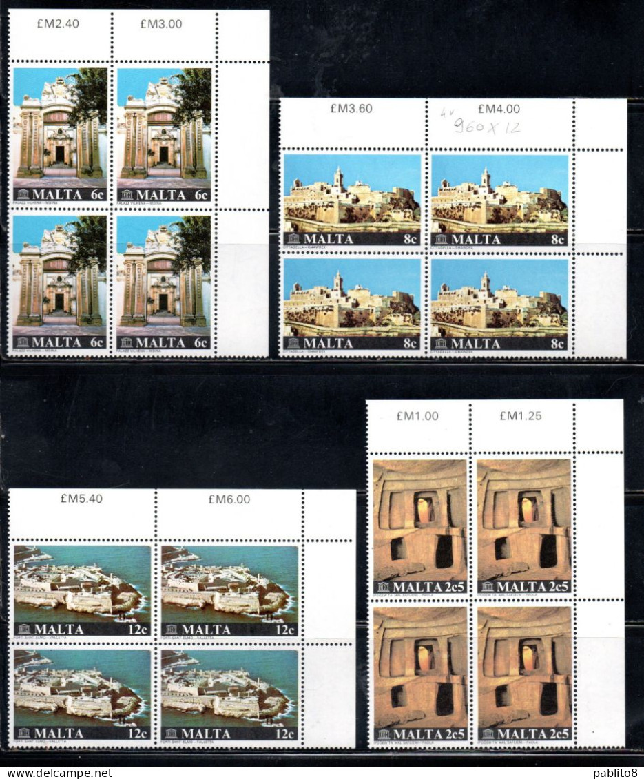 MALTA 1980 MONUMENTS RESTORATION UNESCO RESTAURO DEI MONUMENTI COMPLETE SET SERIE COMPLETA BLOCCO QUARTINA MNH - Malte