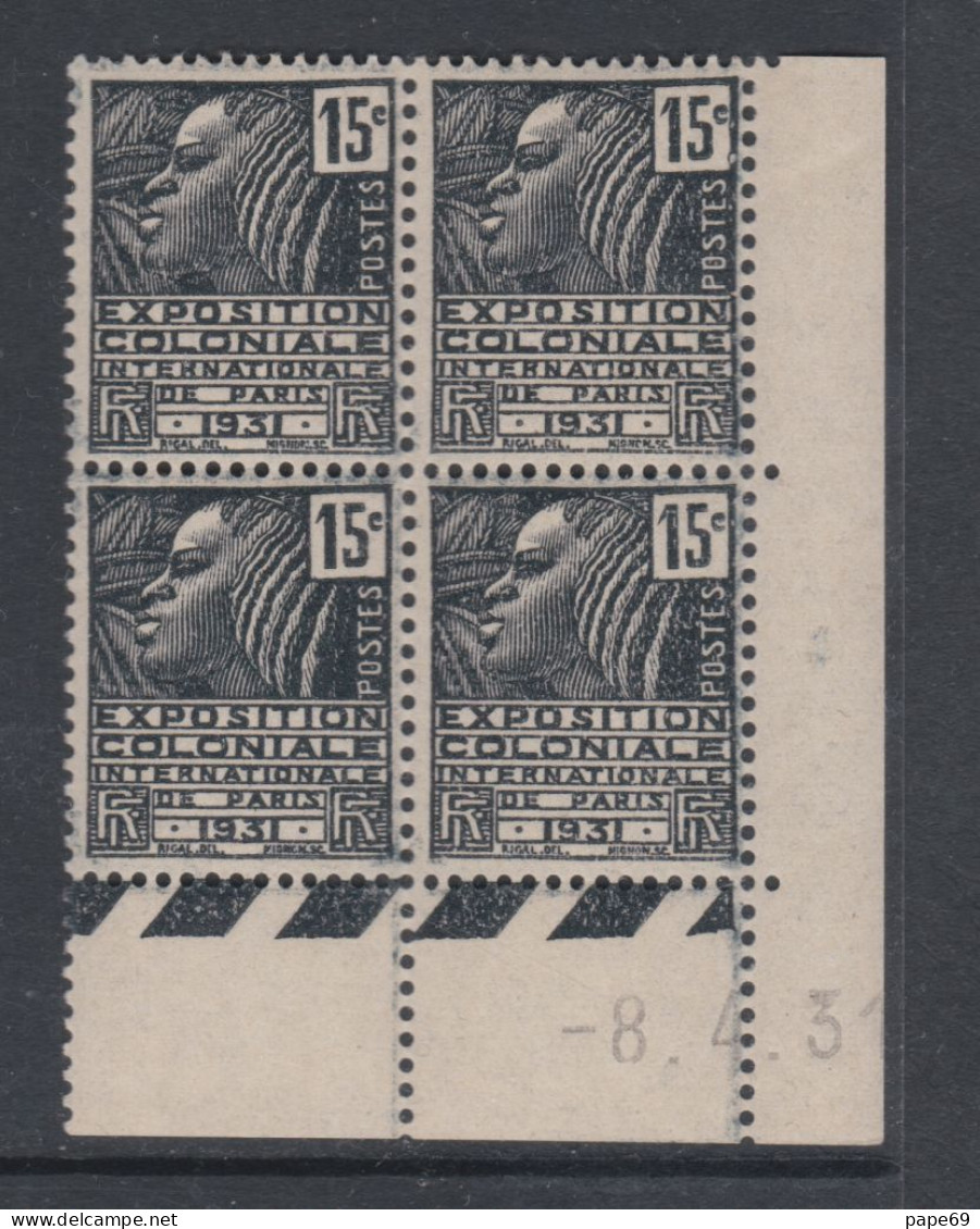 France N° 270 XX Expo. Colo. :15 C En Bloc De 4 Coin Daté Du 8 . 4 . 31.; Sans  Point Blanc , Sans  Charnière  , TB - ....-1929