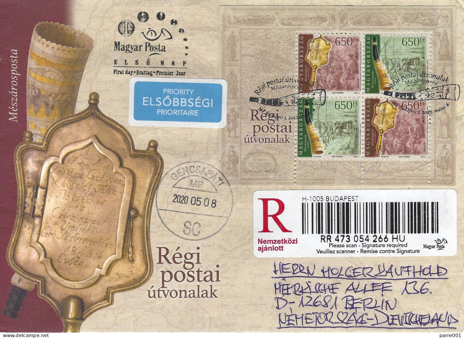 Hungary 2020 Budapest Historic Postal Routes Butcher Mail Post Horn EUROPA Registered FDC Cover Michel €21 - 2020