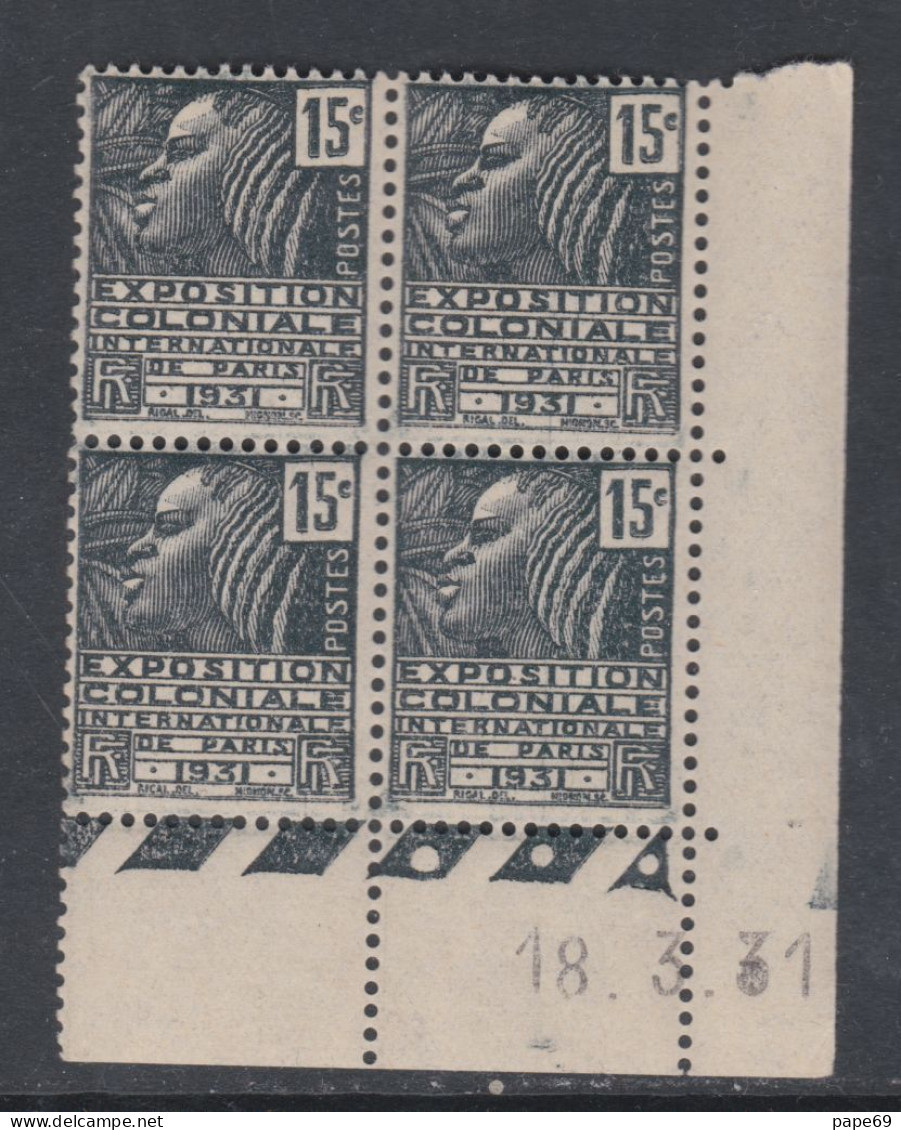 France N° 270 XX Expo. Colo. :15 C En Bloc De 4 Coin Daté Du 18 . 3 . 31.; 3  Points Blancs , Sans  Charnière  , TB - ....-1929