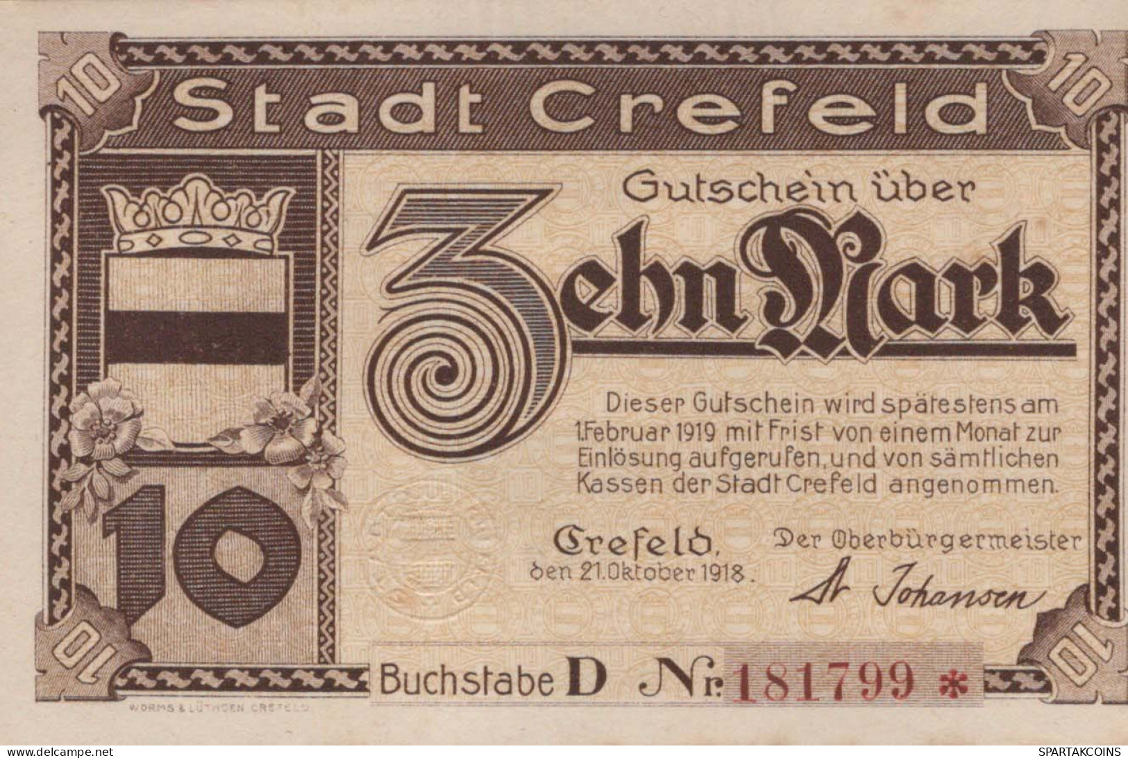 3 MARK 1918 Stadt KREFELD Rhine DEUTSCHLAND Notgeld Papiergeld Banknote #PG370 - [11] Emissioni Locali
