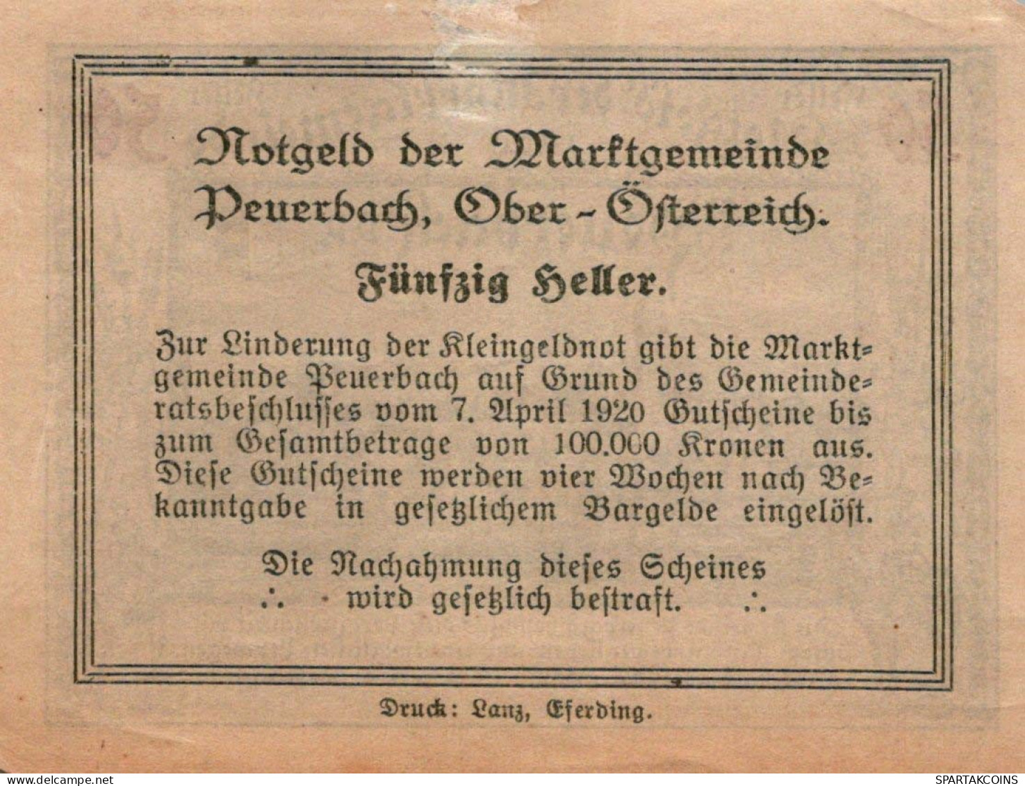 50 HELLER 1920 Stadt PEUERBACH Oberösterreich Österreich Notgeld Banknote #PI265 - [11] Emissioni Locali