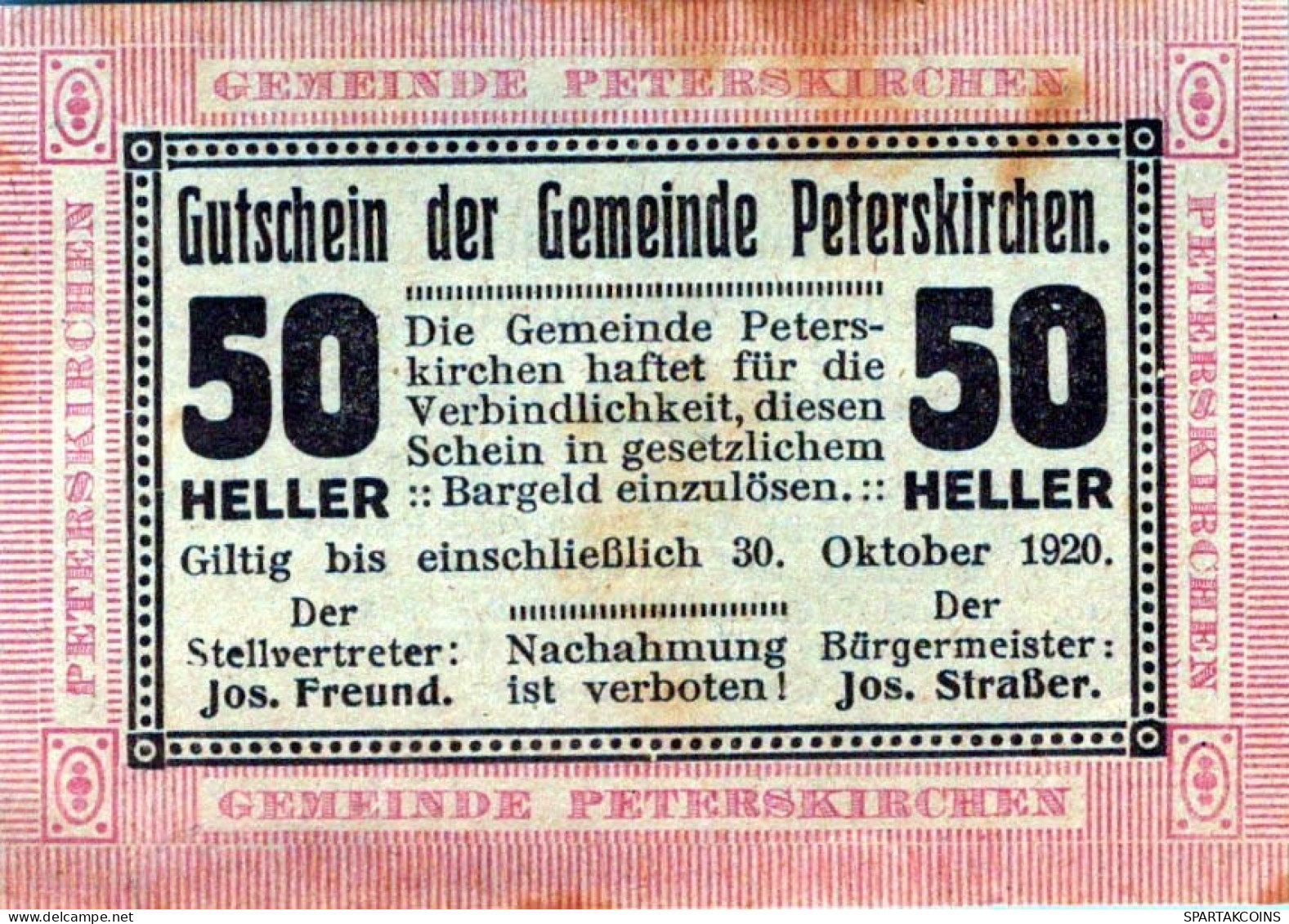 50 HELLER 1920 Stadt PETERSKIRCHEN Oberösterreich Österreich Notgeld #PE341 - [11] Emissioni Locali