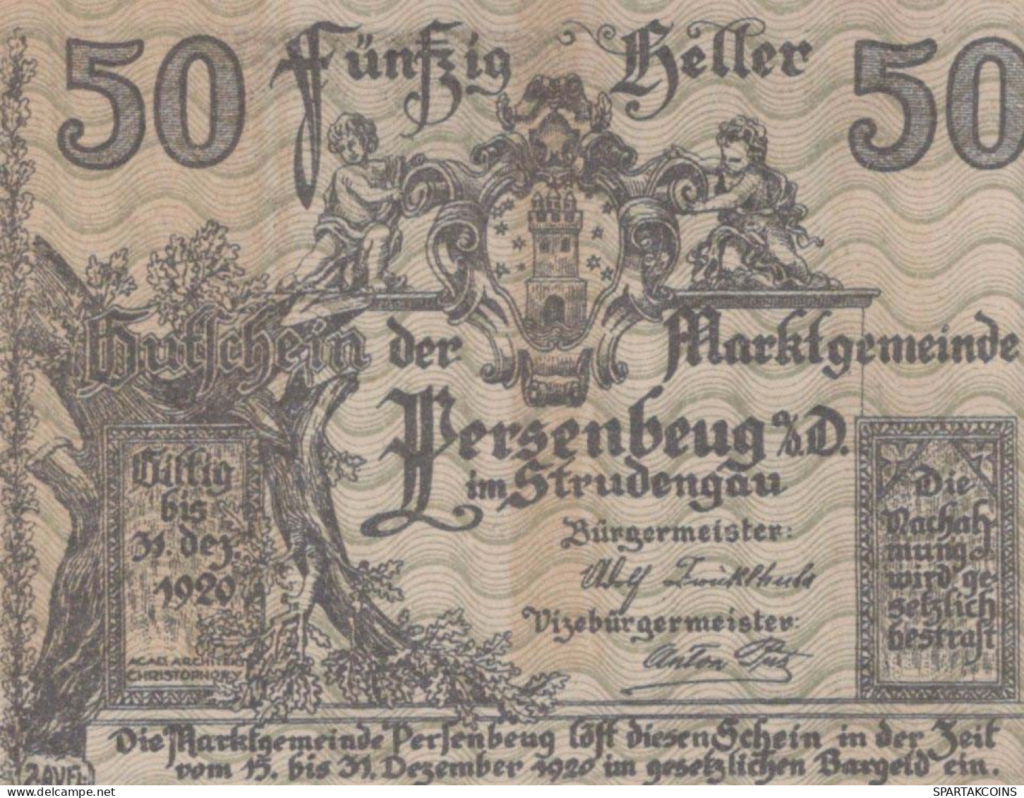 50 HELLER 1920 Stadt PERSENBEUG Niedrigeren Österreich Notgeld Papiergeld Banknote #PG783 - [11] Emissioni Locali