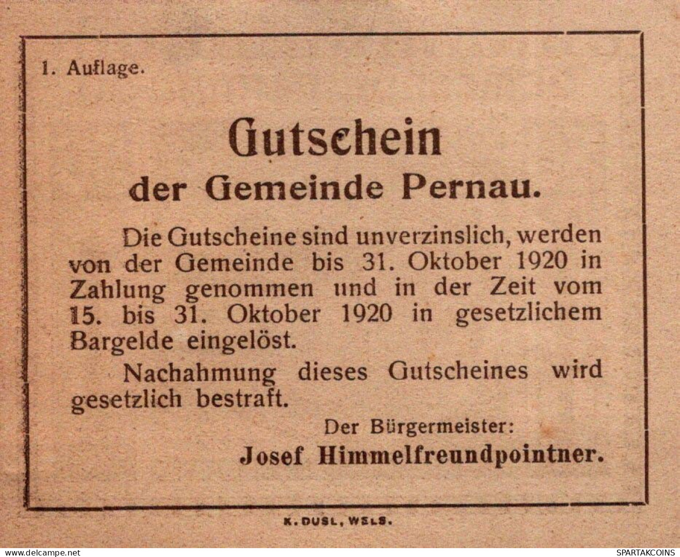 50 HELLER 1920 Stadt PERNAU Oberösterreich Österreich Notgeld Banknote #PJ223 - [11] Emissioni Locali