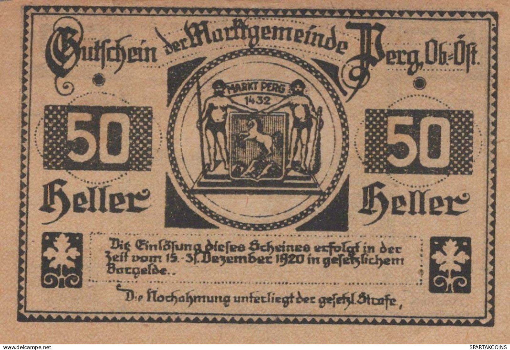 50 HELLER 1920 Stadt PERG Oberösterreich Österreich Notgeld Banknote #PE978 - [11] Emissioni Locali