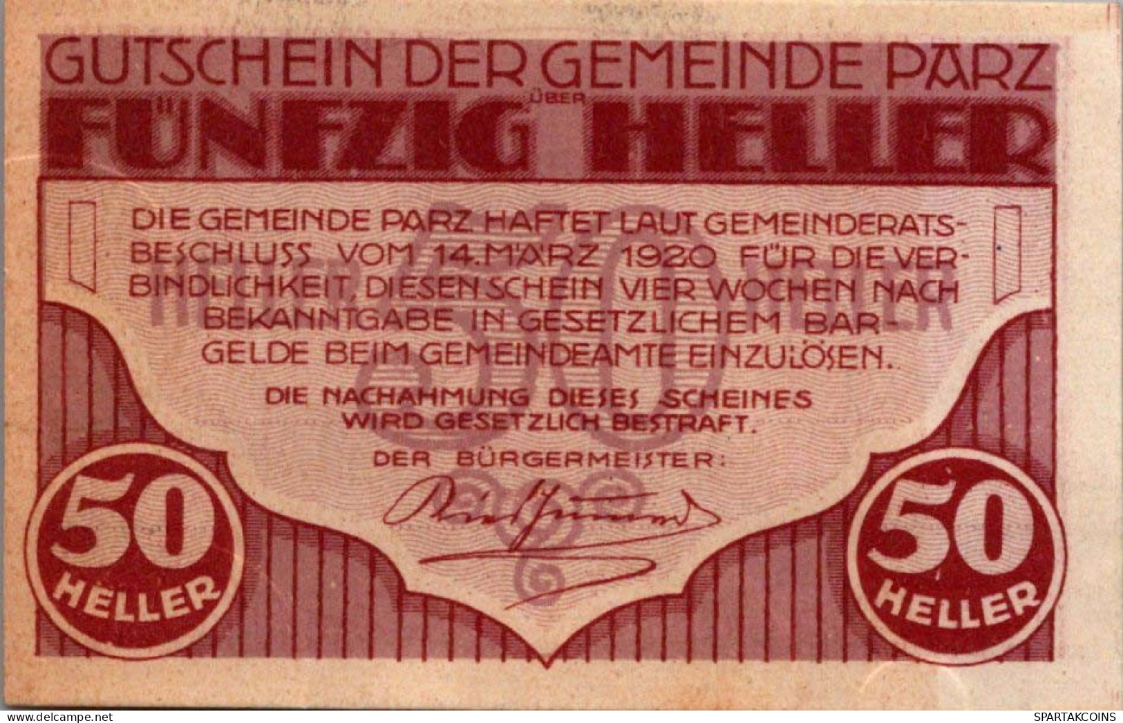 50 HELLER 1920 Stadt PARZ Oberösterreich Österreich Notgeld Banknote #PE309 - [11] Emissioni Locali