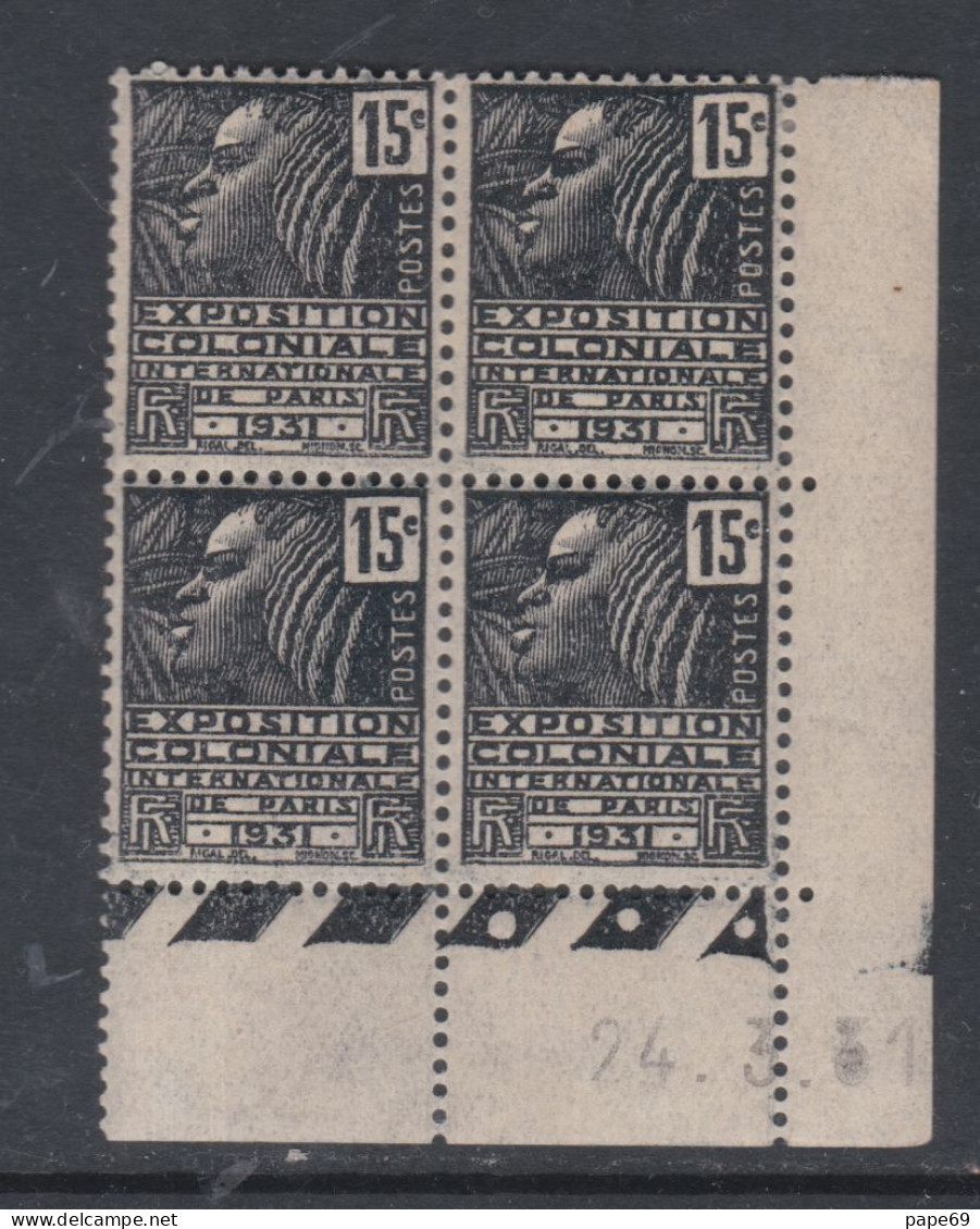 France N° 270 XX Expo. Colo. :15 C En Bloc De 4 Coin Daté Du 24 . 3 . 31.; 3  Points Blancs , Sans  Charnière  , TB - ....-1929