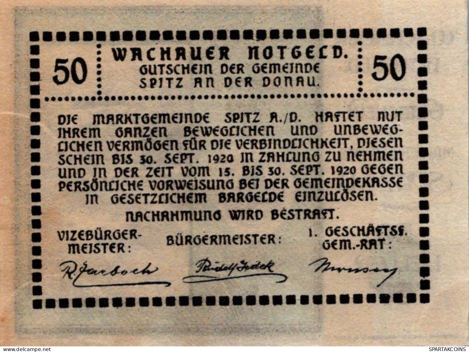 50 HELLER 1920 Stadt WACHAU Niedrigeren Österreich Notgeld Banknote #PE722 - [11] Emisiones Locales