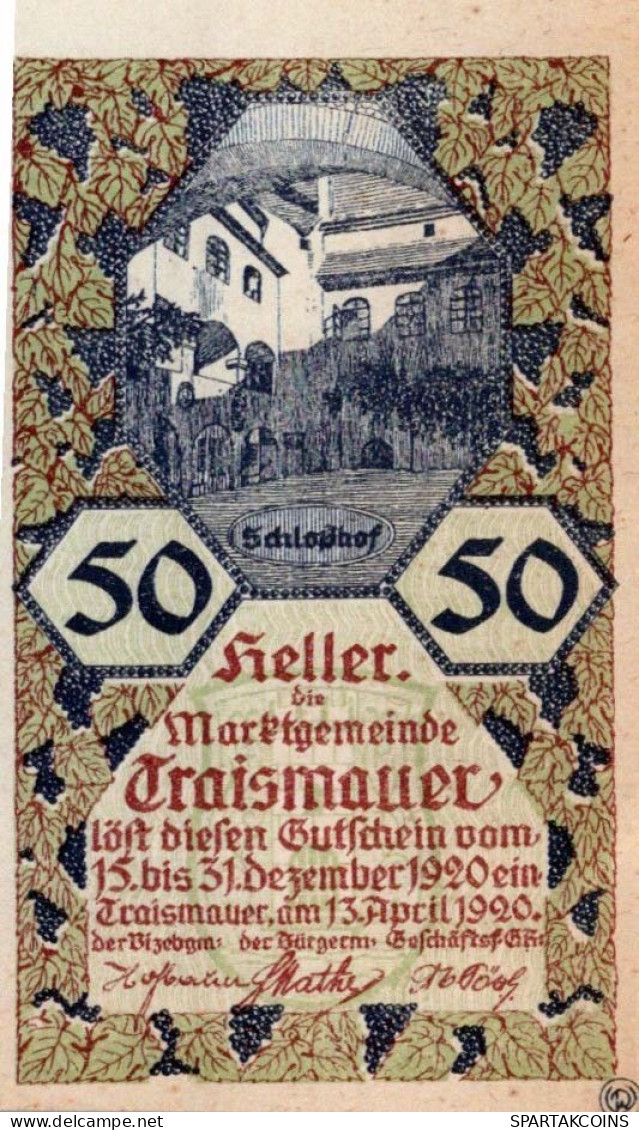 50 HELLER 1920 Stadt TRAISMAUER Niedrigeren Österreich Notgeld #PF261 - [11] Emisiones Locales