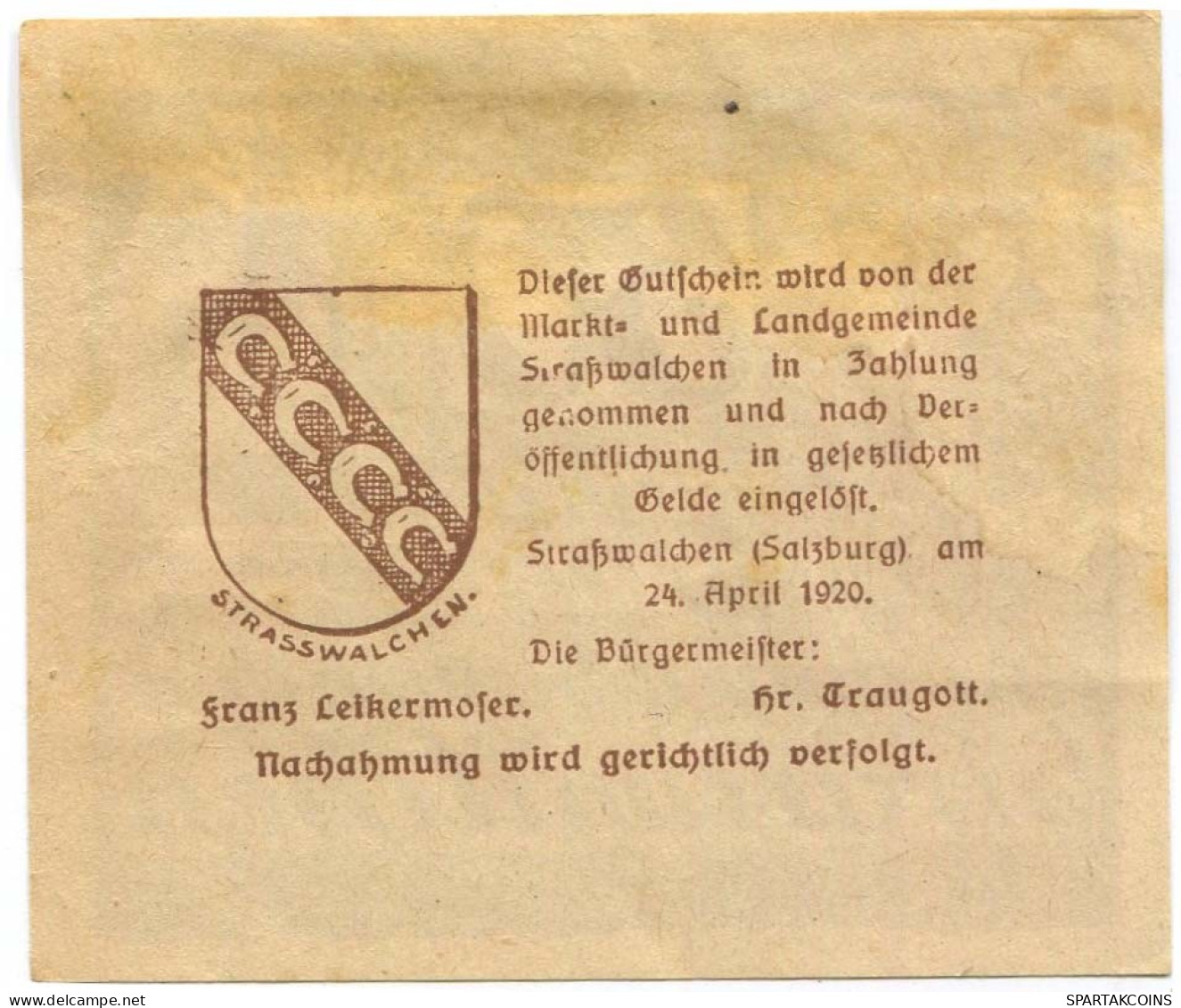 50 HELLER 1920 Stadt STRASSWALCHEN Salzburg Österreich Notgeld Papiergeld Banknote #PL811 - [11] Emisiones Locales
