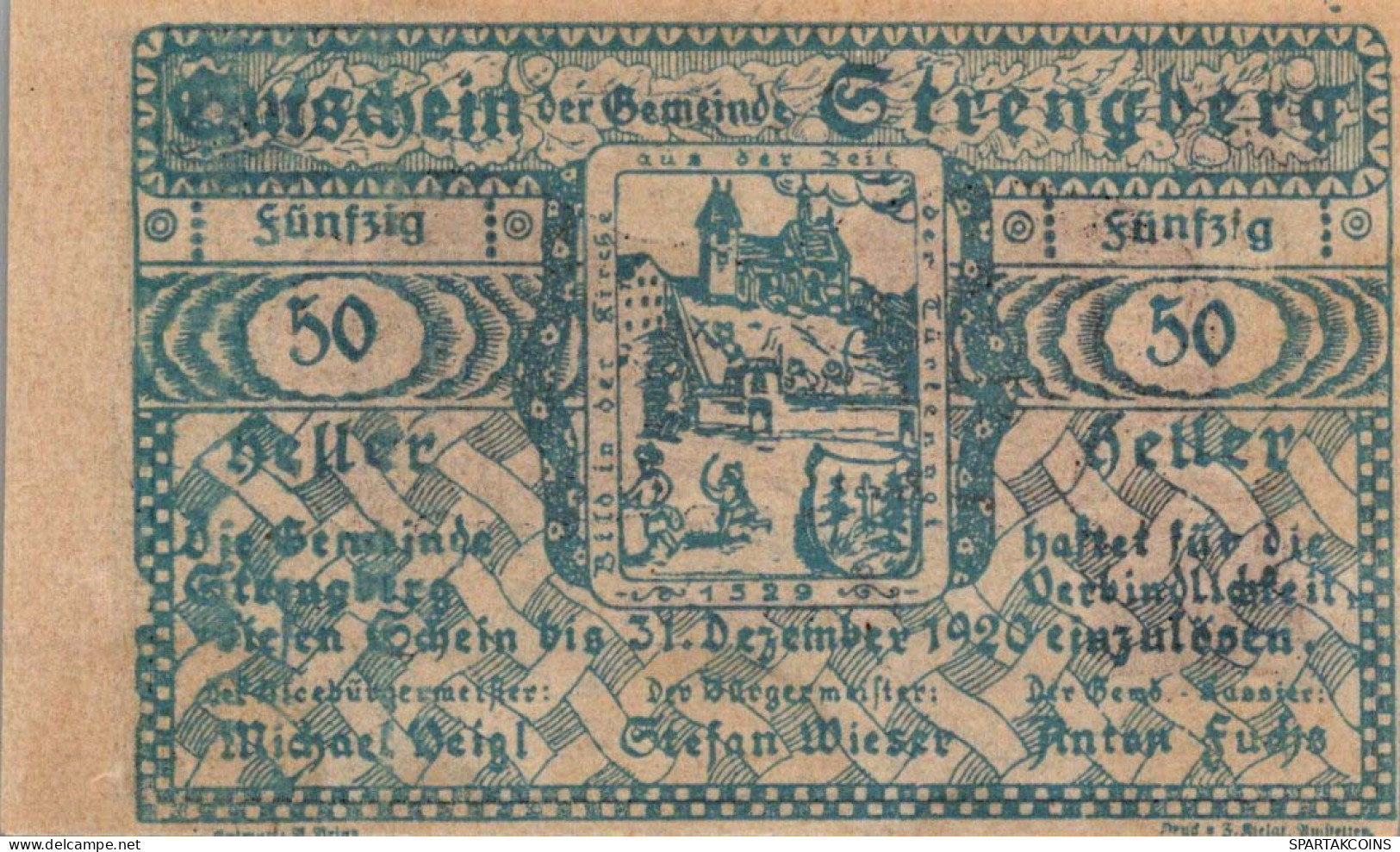 50 HELLER 1920 Stadt STRENGBERG Niedrigeren Österreich Notgeld #PE697 - [11] Emisiones Locales